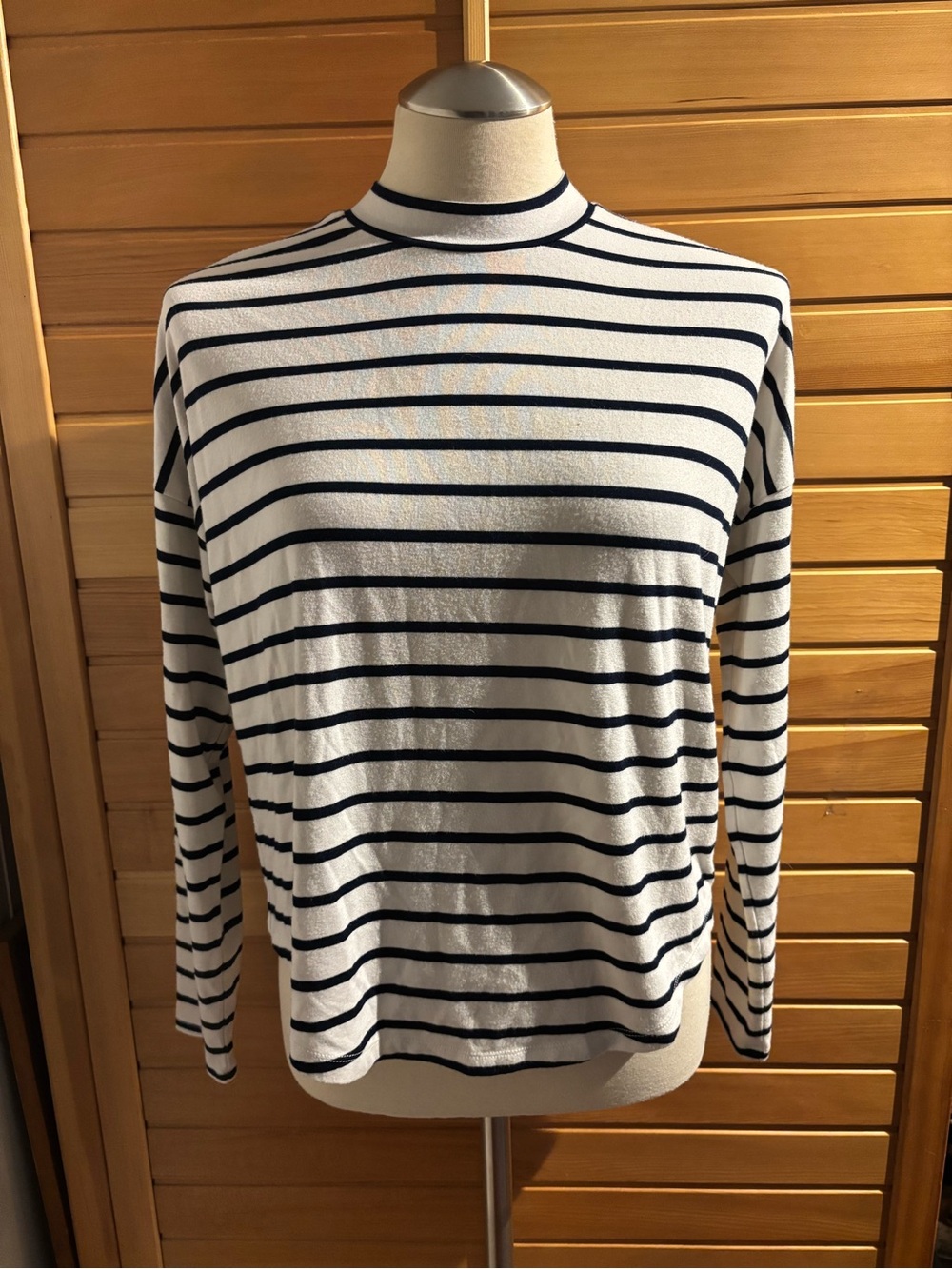 Madewell White & Navy Striped Mock Neck Long Sleeve Tee